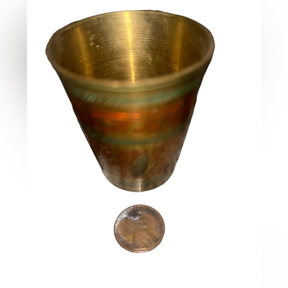3 Vintage Brass Etched Hand Painted Shot Glass Made in India Circa WWII VTG GUC - Picture 6 of 14